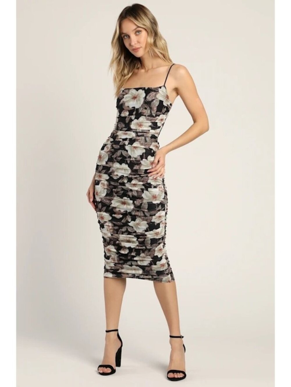 Lulus Ruched Dress Size Medium Mesh Floral Print Sleeveless Strappy Back Black